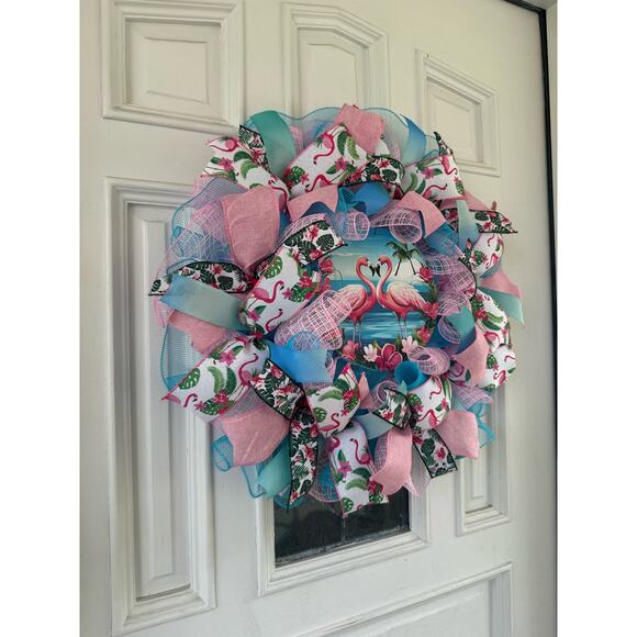 Pink Flamingo Deco Mesh Ribbon Tropical Spring & Summer Wreath Front Door Hanger - Picture 5 of 7